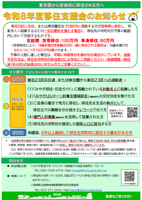 移住支援金の対象となる人の主な要件や、問い合わせ先などが記載されたチラシの表面を掲載。移住支援事業のお知らせのチラシ(表面)詳細は以下