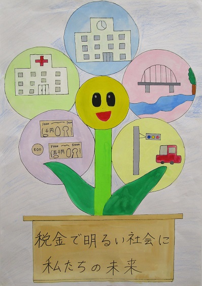 「税金で明るい社会に私たちの未来」と書かれた笑顔の黄色の花の周りにお金、病院や学校、信号機や車が描かれたポスター